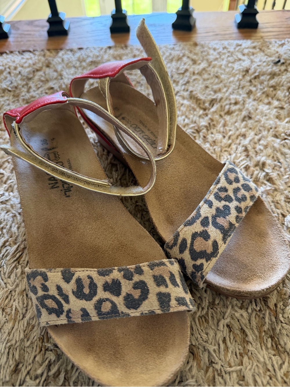 Naot Pixie Wedge Sandals – Cheetah/Red/Gold – Size 36